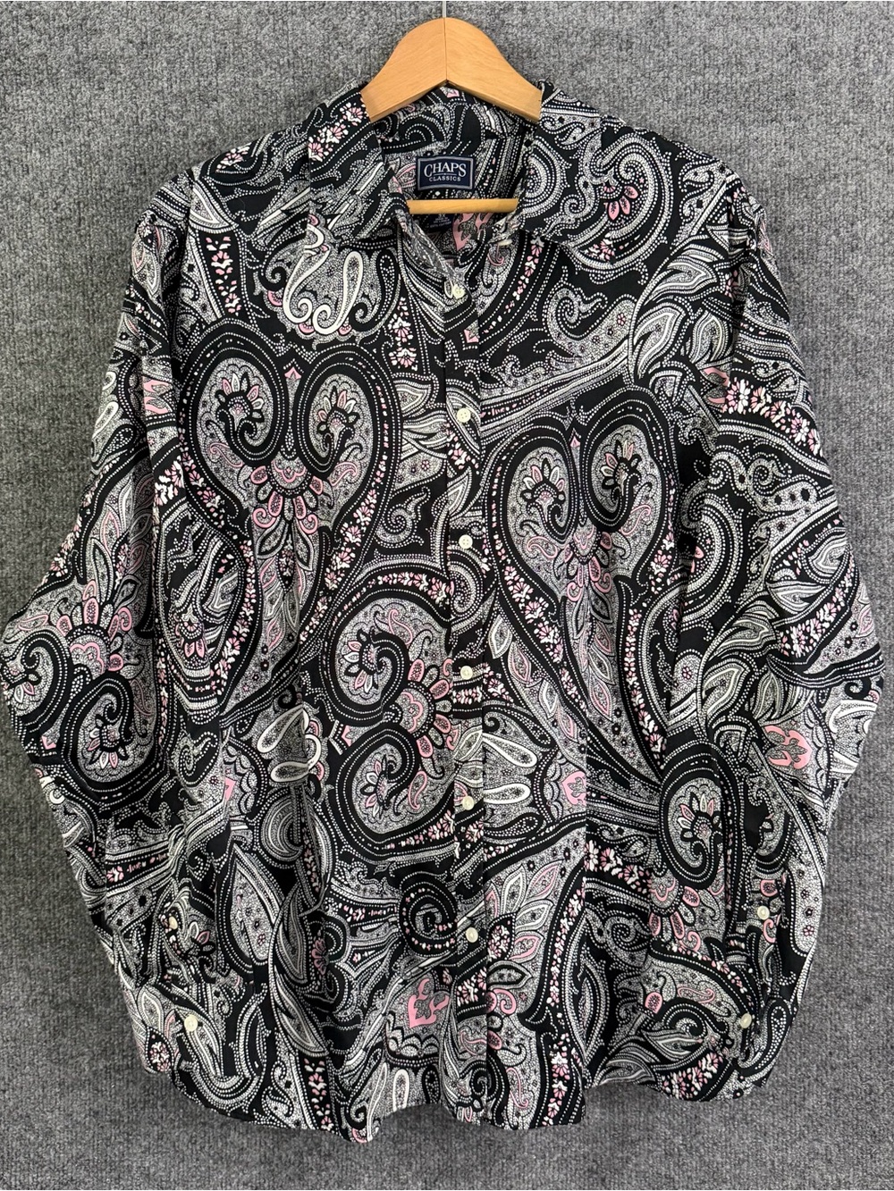 Chaps Womens 3X Paisley Button Up Top Black Pink Long Sleeve No Iron Office